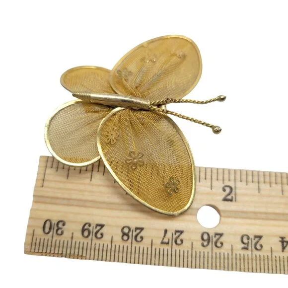 Vintage Gold Mesh Butterfly Brooch Pin With Floral Detail - Picture 3 of 7